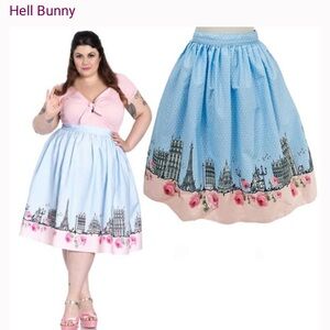 Hell Bunny Light Blue Paris Border Skirt with Pink Rose Trim
